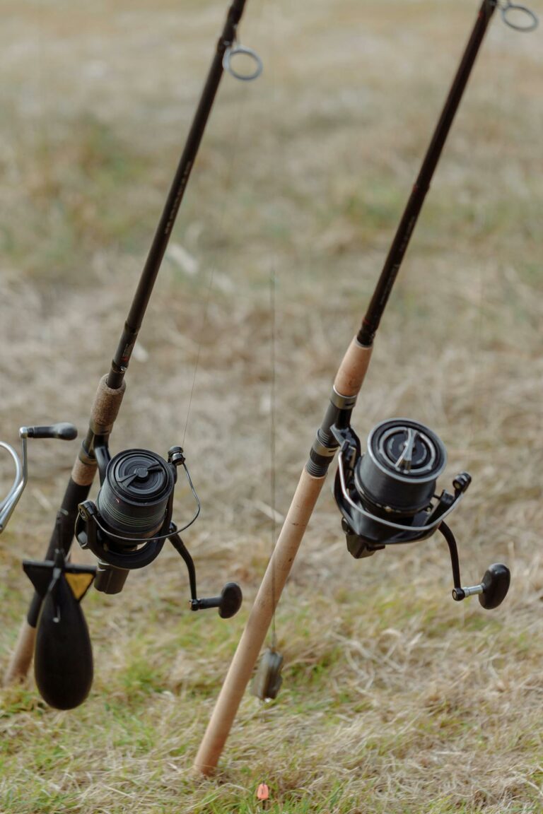 Detailed view of fishing rods with reels set up on grassy terrain, ideal for outdoor angling activities.