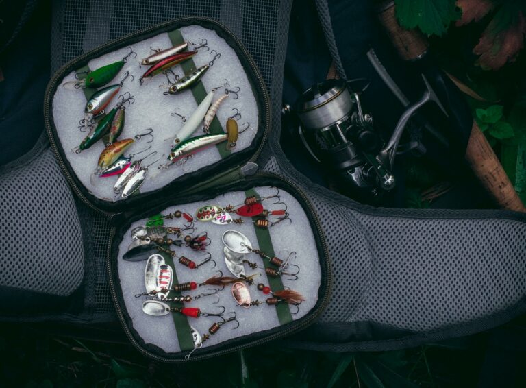 Top view of a well-organized fishing kit featuring colorful lures and a fishing reel.